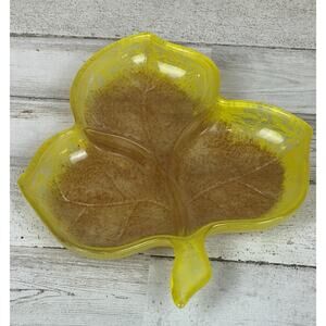 Vintage 3 Leaf Pattern Shape Divided Candy Nut Dish Pressed Painted Glass